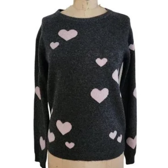 Euc Philosophy Cashmere Charcoal Heart-Print Crewneck Sweater - Pink Hearts, S